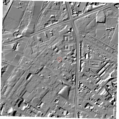 Shaded relief map of the ground around SE116DN, computed from Environment Agency LiDAR. The ground here sits at about 4 m above sea level and falls 7 m across the surrounding 800 m. Surface water reaching this point runs off ground lying to the east-south-east, 1.2 m higher.