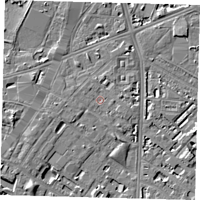 Shaded relief map of the ground around SE116DS, computed from Environment Agency LiDAR. The ground here sits at about 4 m above sea level and falls 7 m across the surrounding 800 m. Surface water reaching this point runs off ground lying to the south-east, 0.5 m higher.