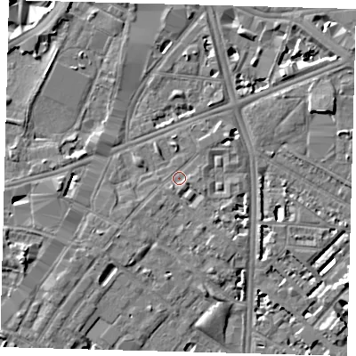Shaded relief map of the ground around SE116DT, computed from Environment Agency LiDAR. The ground here sits at about 4 m above sea level and falls 7 m across the surrounding 800 m. Surface water reaching this point runs off ground lying to the south-west, 1.5 m higher.
