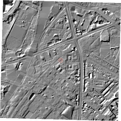 Shaded relief map of the ground around SE116DU, computed from Environment Agency LiDAR. The ground here sits at about 4 m above sea level and falls 7 m across the surrounding 800 m. Surface water reaching this point runs off ground lying to the south-west, 1.6 m higher.