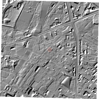 Shaded relief map of the ground around SE116DX, computed from Environment Agency LiDAR. The ground here sits at about 4 m above sea level and falls 6 m across the surrounding 800 m. Surface water reaching this point runs off ground lying to the south, 0.9 m higher.