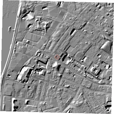 Shaded relief map of the ground around SE116EF, computed from Environment Agency LiDAR. The ground here sits at about 4 m above sea level and falls 7 m across the surrounding 800 m. Surface water reaching this point runs off ground lying to the north-north-west, 5.0 m higher.