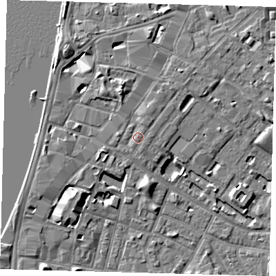 Shaded relief map of the ground around SE116EG, computed from Environment Agency LiDAR. The ground here sits at about 5 m above sea level and falls 7 m across the surrounding 800 m. Surface water reaching this point runs off ground lying to the north-north-west, 2.2 m higher.