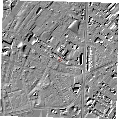 Shaded relief map of the ground around SE116HT, computed from Environment Agency LiDAR. The ground here sits at about 3 m above sea level and falls 7 m across the surrounding 800 m. Surface water reaching this point runs off ground lying to the east-north-east, 5.5 m higher.