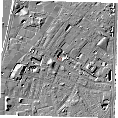 Shaded relief map of the ground around SE116HY, computed from Environment Agency LiDAR. The ground here sits at about 2 m above sea level and falls 8 m across the surrounding 800 m. Surface water reaching this point runs off ground lying to the west-south-west, 5.3 m higher.