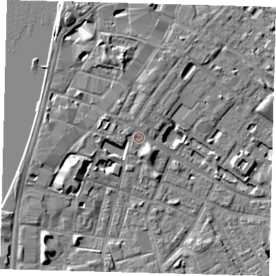 Shaded relief map of the ground around SE116JF, computed from Environment Agency LiDAR. The ground here sits at about 4 m above sea level and falls 7 m across the surrounding 800 m. Surface water reaching this point runs off ground lying to the north, 5.0 m higher.