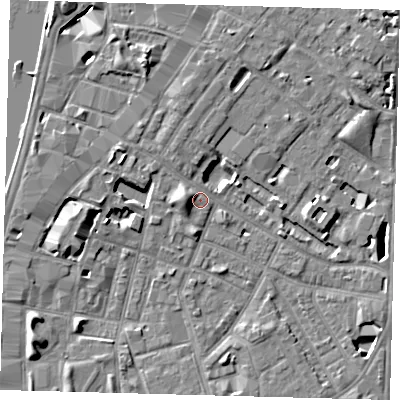 Shaded relief map of the ground around SE116JH, computed from Environment Agency LiDAR. The ground here sits at about 4 m above sea level and falls 8 m across the surrounding 800 m. Surface water reaching this point runs off ground lying to the west, 3.2 m higher.