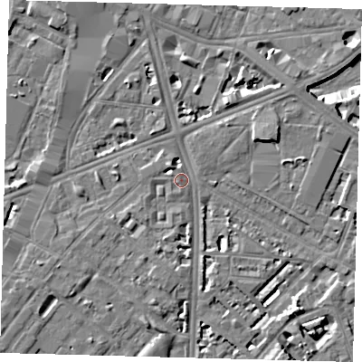 Shaded relief map of the ground around SE116LS, computed from Environment Agency LiDAR. The ground here sits at about 4 m above sea level and falls 7 m across the surrounding 800 m. Surface water reaching this point runs off ground lying to the east-north-east, 5.4 m higher.