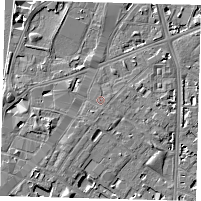 Shaded relief map of the ground around SE116LU, computed from Environment Agency LiDAR. The ground here sits at about 4 m above sea level and falls 8 m across the surrounding 800 m. Surface water reaching this point runs off ground lying to the east-north-east, 0.6 m higher.