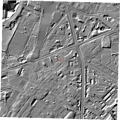 Shaded relief map of the ground around SE116LX, computed from Environment Agency LiDAR. The ground here sits at about 4 m above sea level and falls 7 m across the surrounding 800 m. Surface water reaching this point runs off ground lying to the south-west, 1.6 m higher.
