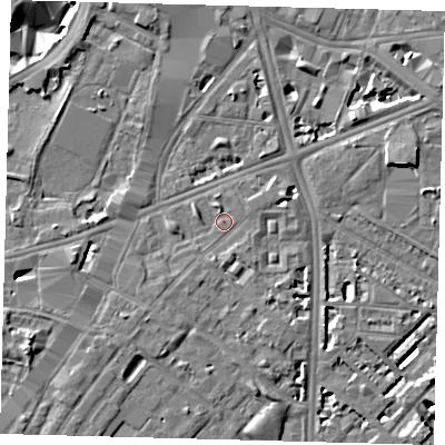 Shaded relief map of the ground around SE116LY, computed from Environment Agency LiDAR. The ground here sits at about 4 m above sea level and falls 7 m across the surrounding 800 m. Surface water reaching this point runs off ground lying to the south-west, 1.7 m higher.
