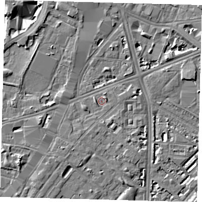 Shaded relief map of the ground around SE116LZ, computed from Environment Agency LiDAR. The ground here sits at about 3 m above sea level and falls 7 m across the surrounding 800 m. Surface water reaching this point runs off ground lying to the south-south-west, 1.7 m higher.