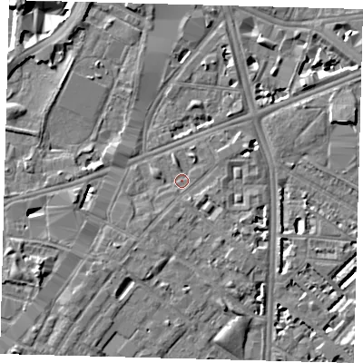 Shaded relief map of the ground around SE116NA, computed from Environment Agency LiDAR. The ground here sits at about 4 m above sea level and falls 7 m across the surrounding 800 m. Surface water reaching this point runs off ground lying to the south-west, 1.7 m higher.