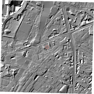 Shaded relief map of the ground around SE116NB, computed from Environment Agency LiDAR. The ground here sits at about 3 m above sea level and falls 6 m across the surrounding 800 m. Surface water reaching this point runs off ground lying to the south-south-west, 1.7 m higher.