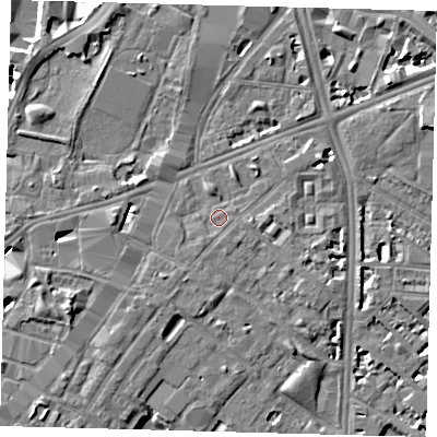 Shaded relief map of the ground around SE116ND, computed from Environment Agency LiDAR. The ground here sits at about 4 m above sea level and falls 6 m across the surrounding 800 m. Surface water reaching this point runs off ground lying to the south-south-west, 0.9 m higher.