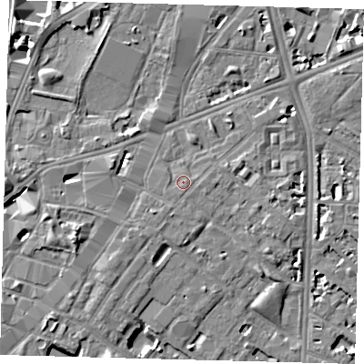Shaded relief map of the ground around SE116NE, computed from Environment Agency LiDAR. The ground here sits at about 4 m above sea level and falls 7 m across the surrounding 800 m. Surface water reaching this point runs off ground lying to the south-south-west, 0.8 m higher.