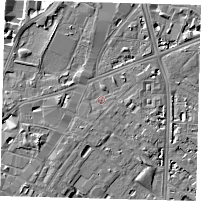 Shaded relief map of the ground around SE116NF, computed from Environment Agency LiDAR. The ground here sits at about 4 m above sea level and falls 6 m across the surrounding 800 m. Surface water reaching this point runs off ground lying to the north-north-east, 1.2 m higher.