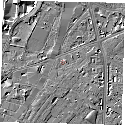 Shaded relief map of the ground around SE116NG, computed from Environment Agency LiDAR. The ground here sits at about 3 m above sea level and falls 7 m across the surrounding 800 m. Surface water reaching this point runs off ground lying to the east-north-east, 1.3 m higher.