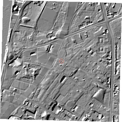 Shaded relief map of the ground around SE116NH, computed from Environment Agency LiDAR. The ground here sits at about 5 m above sea level and falls 8 m across the surrounding 800 m. Surface water reaching this point runs off ground lying to the south-east, 0.6 m higher.