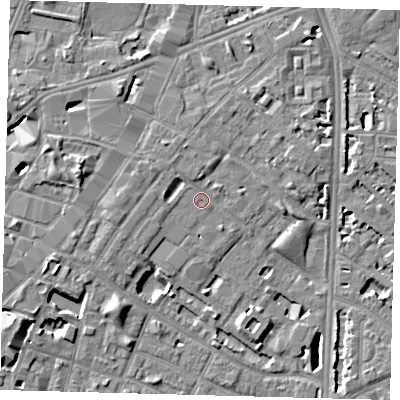 Shaded relief map of the ground around SE116PX, computed from Environment Agency LiDAR. The ground here sits at about 4 m above sea level and falls 7 m across the surrounding 800 m. Surface water reaching this point runs off ground lying to the west, 0.9 m higher.
