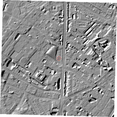 Shaded relief map of the ground around SE116QH, computed from Environment Agency LiDAR. The ground here sits at about 3 m above sea level and falls 7 m across the surrounding 800 m. Surface water reaching this point runs off ground lying to the west-north-west, 3.4 m higher.