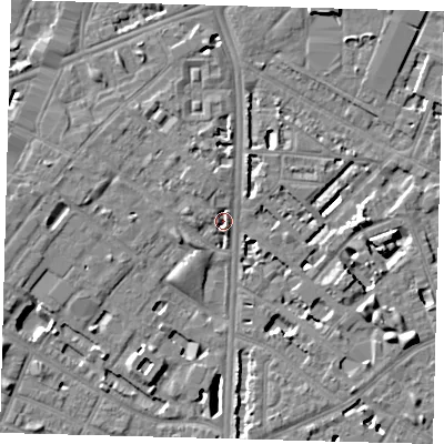 Shaded relief map of the ground around SE116QR, computed from Environment Agency LiDAR. The ground here sits at about 3 m above sea level and falls 7 m across the surrounding 800 m. Surface water reaching this point runs off ground lying to the west, 3.4 m higher.
