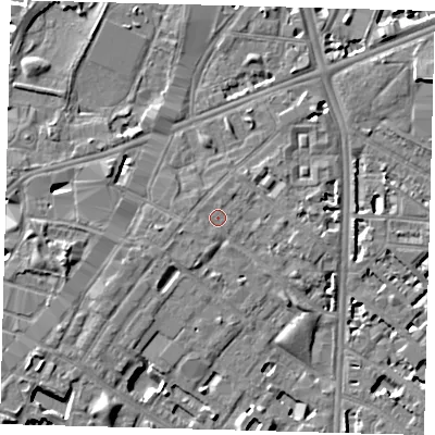 Shaded relief map of the ground around SE116QT, computed from Environment Agency LiDAR. The ground here sits at about 4 m above sea level and falls 6 m across the surrounding 800 m. Surface water reaching this point runs off ground lying to the west-south-west, 0.7 m higher.
