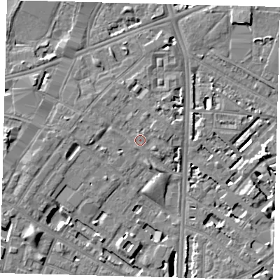 Shaded relief map of the ground around SE116QU, computed from Environment Agency LiDAR. The ground here sits at about 4 m above sea level and falls 7 m across the surrounding 800 m. Surface water reaching this point runs off ground lying to the north-north-east, 0.8 m higher.