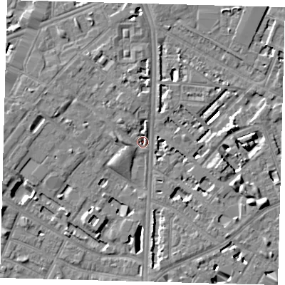 Shaded relief map of the ground around SE116QX, computed from Environment Agency LiDAR. The ground here sits at about 2 m above sea level and falls 7 m across the surrounding 800 m. Surface water reaching this point runs off ground lying to the west, 3.4 m higher.