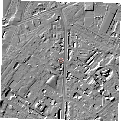 Shaded relief map of the ground around SE116RA, computed from Environment Agency LiDAR. The ground here sits at about 4 m above sea level and falls 7 m across the surrounding 800 m. Surface water reaching this point runs off ground lying to the north, 1.0 m higher.