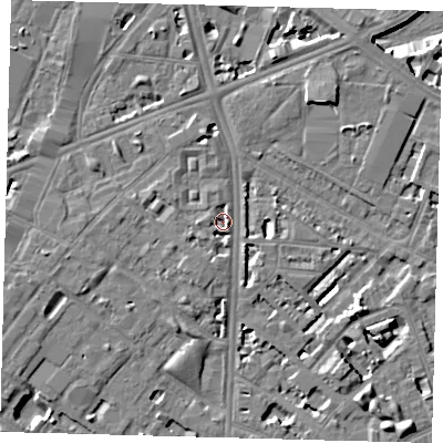 Shaded relief map of the ground around SE116RE, computed from Environment Agency LiDAR. The ground here sits at about 3 m above sea level and falls 7 m across the surrounding 800 m. Surface water reaching this point runs off ground lying to the east-south-east, 2.6 m higher.