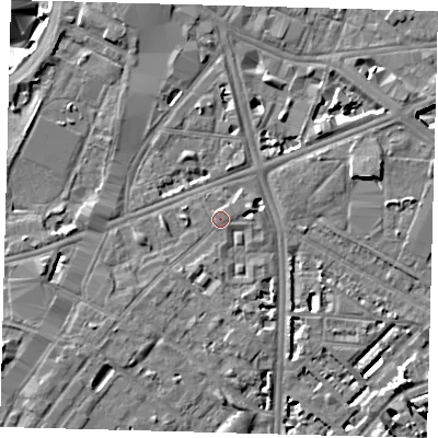 Shaded relief map of the ground around SE116SP, computed from Environment Agency LiDAR. The ground here sits at about 4 m above sea level and falls 7 m across the surrounding 800 m. Surface water reaching this point runs off ground lying to the north-east, 0.6 m higher.