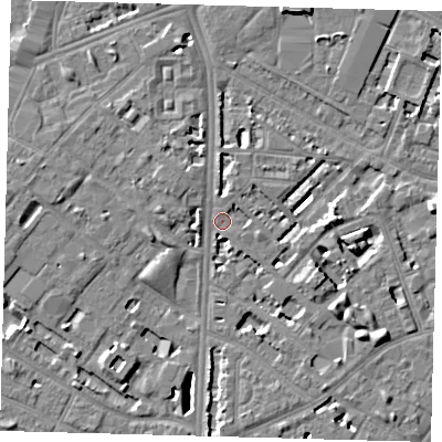 Shaded relief map of the ground around SE116SR, computed from Environment Agency LiDAR. The ground here sits at about 4 m above sea level and falls 7 m across the surrounding 800 m. Surface water reaching this point runs off ground lying to the west, 3.4 m higher.