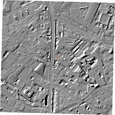 Shaded relief map of the ground around SE116SS, computed from Environment Agency LiDAR. The ground here sits at about 4 m above sea level and falls 7 m across the surrounding 800 m. Surface water reaching this point runs off ground lying to the west, 3.7 m higher.