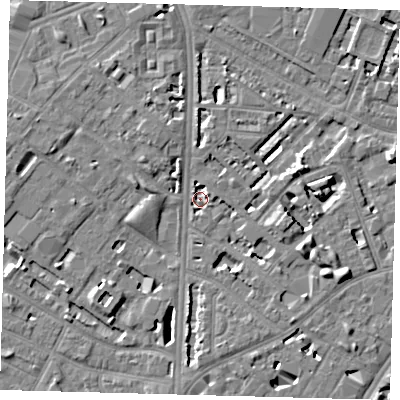 Shaded relief map of the ground around SE116ST, computed from Environment Agency LiDAR. The ground here sits at about 2 m above sea level and falls 7 m across the surrounding 800 m. Surface water reaching this point runs off ground lying to the west, 4.1 m higher.