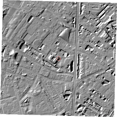 Shaded relief map of the ground around SE116TP, computed from Environment Agency LiDAR. The ground here sits at about 4 m above sea level and falls 7 m across the surrounding 800 m. Surface water reaching this point runs off ground lying to the north-west, 3.2 m higher.