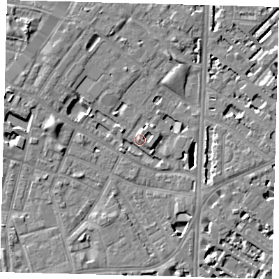 Shaded relief map of the ground around SE116TR, computed from Environment Agency LiDAR. The ground here sits at about 5 m above sea level and falls 7 m across the surrounding 800 m. Surface water reaching this point runs off ground lying to the north-north-east, 3.0 m higher.