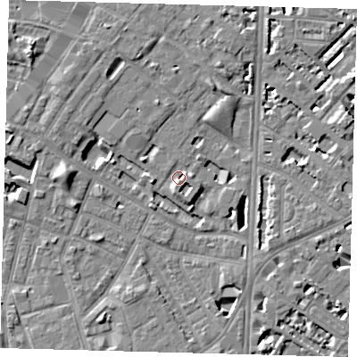 Shaded relief map of the ground around SE116TT, computed from Environment Agency LiDAR. The ground here sits at about 3 m above sea level and falls 7 m across the surrounding 800 m. Surface water reaching this point runs off ground lying to the east-north-east, 2.7 m higher.