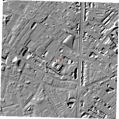 Shaded relief map of the ground around SE116TU, computed from Environment Agency LiDAR. The ground here sits at about 3 m above sea level and falls 7 m across the surrounding 800 m. Surface water reaching this point runs off ground lying to the west-south-west, 3.2 m higher.