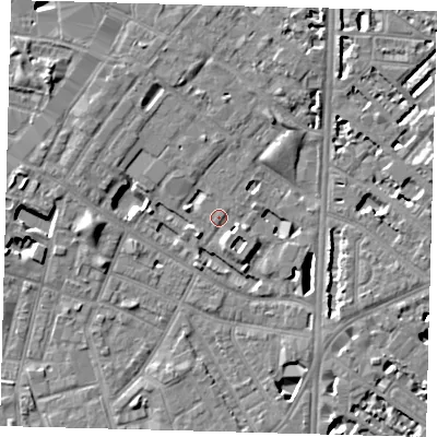 Shaded relief map of the ground around SE116TY, computed from Environment Agency LiDAR. The ground here sits at about 3 m above sea level and falls 7 m across the surrounding 800 m. Surface water reaching this point runs off ground lying to the east-south-east, 2.7 m higher.