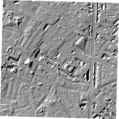 Shaded relief map of the ground around SE116TZ, computed from Environment Agency LiDAR. The ground here sits at about 3 m above sea level and falls 7 m across the surrounding 800 m. Surface water reaching this point runs off ground lying to the south, 2.3 m higher.