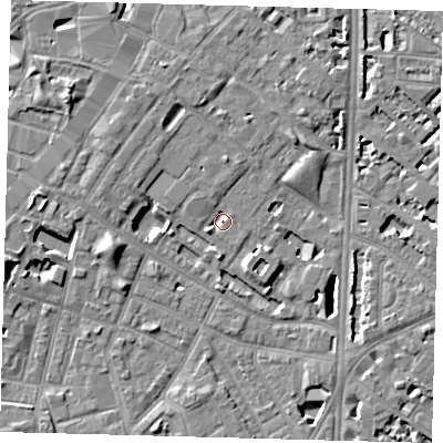 Shaded relief map of the ground around SE116UA, computed from Environment Agency LiDAR. The ground here sits at about 3 m above sea level and falls 7 m across the surrounding 800 m. Surface water reaching this point runs off ground lying to the west-south-west, 2.2 m higher.