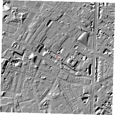 Shaded relief map of the ground around SE116UB, computed from Environment Agency LiDAR. The ground here sits at about 3 m above sea level and falls 7 m across the surrounding 800 m. Surface water reaching this point runs off ground lying to the north, 2.2 m higher.
