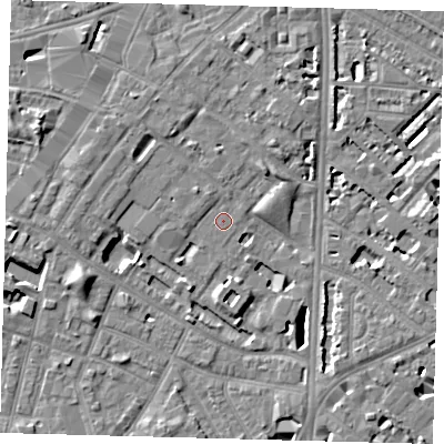 Shaded relief map of the ground around SE116UD, computed from Environment Agency LiDAR. The ground here sits at about 3 m above sea level and falls 7 m across the surrounding 800 m. Surface water reaching this point runs off ground lying to the north-west, 2.0 m higher.