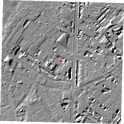 Shaded relief map of the ground around SE116UF, computed from Environment Agency LiDAR. The ground here sits at about 2 m above sea level and falls 7 m across the surrounding 800 m. Surface water reaching this point runs off ground lying to the east, 6.3 m higher.