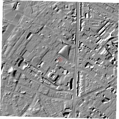 Shaded relief map of the ground around SE116UG, computed from Environment Agency LiDAR. The ground here sits at about 3 m above sea level and falls 7 m across the surrounding 800 m. Surface water reaching this point runs off ground lying to the south-south-west, 3.2 m higher.