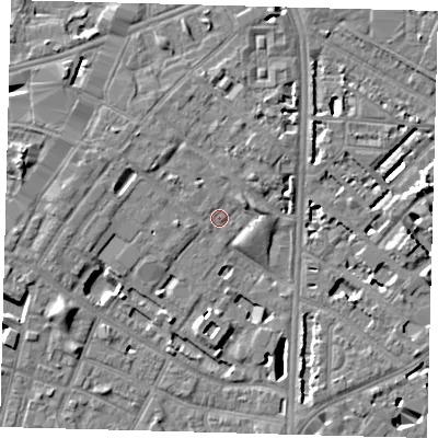 Shaded relief map of the ground around SE116UN, computed from Environment Agency LiDAR. The ground here sits at about 4 m above sea level and falls 7 m across the surrounding 800 m. Surface water reaching this point runs off ground lying to the north-west, 1.7 m higher.