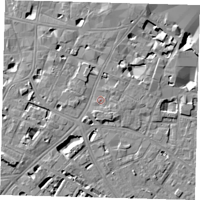 Shaded relief map of the ground around SE11AA, computed from Environment Agency LiDAR. The ground here sits at about 4 m above sea level and falls 11 m across the surrounding 800 m. Surface water reaching this point runs off ground lying to the south-west, 2.2 m higher.
