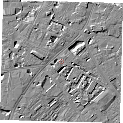 Shaded relief map of the ground around SE11DB, computed from Environment Agency LiDAR. The ground here sits at about 4 m above sea level and falls 9 m across the surrounding 800 m. Surface water reaching this point runs off ground lying to the north-north-east, 0.8 m higher.