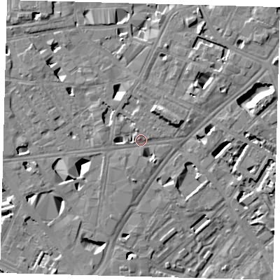Shaded relief map of the ground around SE11DZ, computed from Environment Agency LiDAR. The ground here sits at about 4 m above sea level and falls 11 m across the surrounding 800 m. Surface water reaching this point runs off ground lying to the east-north-east, 6.1 m higher.